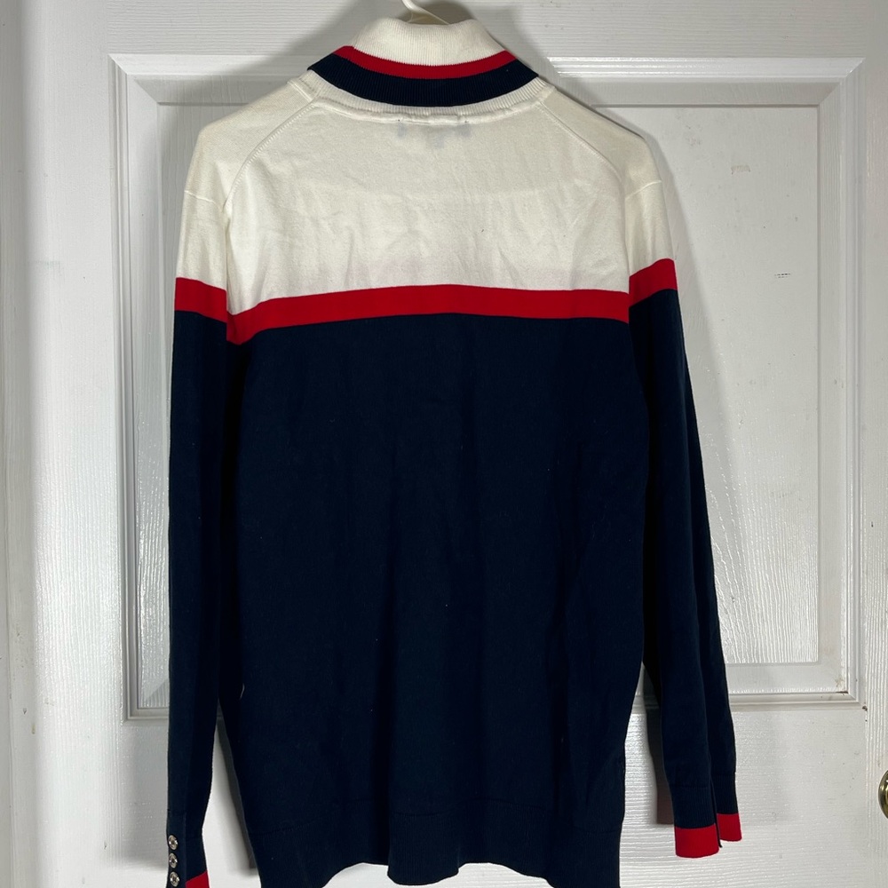 Navy and White Turtleneck Sweater with Red Accents - Picture 2 of 5